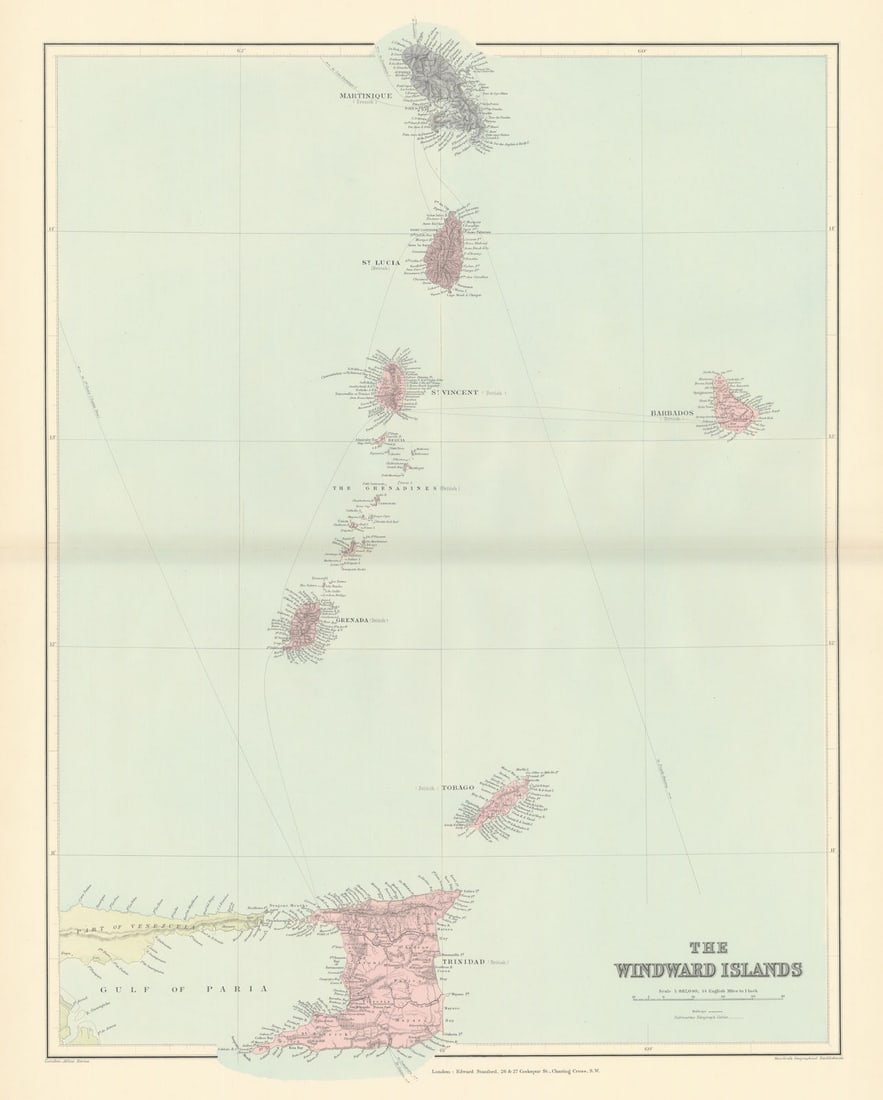 Windward Islands. Trinidad Barbados St. Lucia Grenadines. STANFORD 1896 map: Title: Windward Islands. Trinidad Barbados St. Lucia Grenadines. STANFORD 1896 map Description: The Windward Islands'. Stanford's Geographical Establishment. Published 1896. Large (folio) antique atla