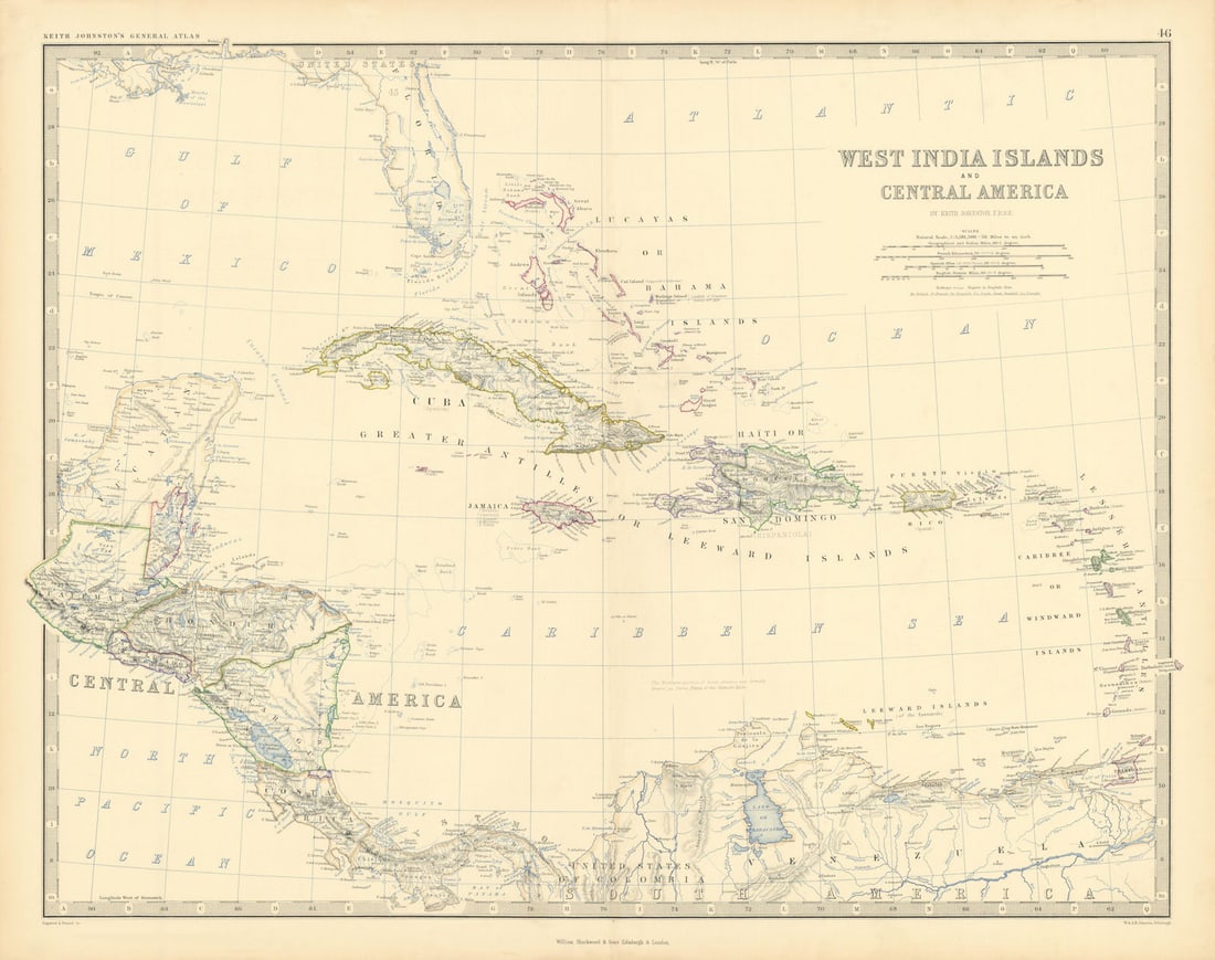 West India Islands & Central America. Caribbean. 50x60cm. JOHNSTON 1876 map (1 of 1)