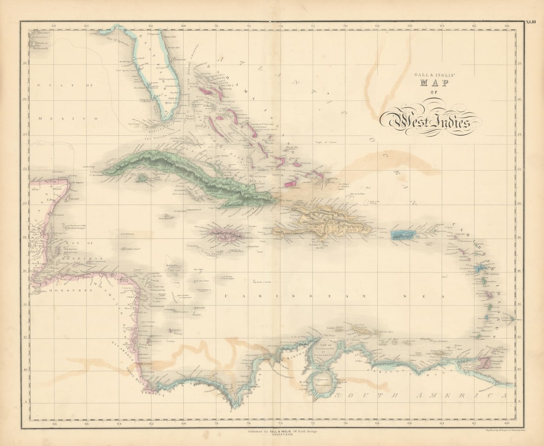 Gall & Inglis' Map of West Indies. Caribbean Islands & Florida 1850 old (1 of 1)