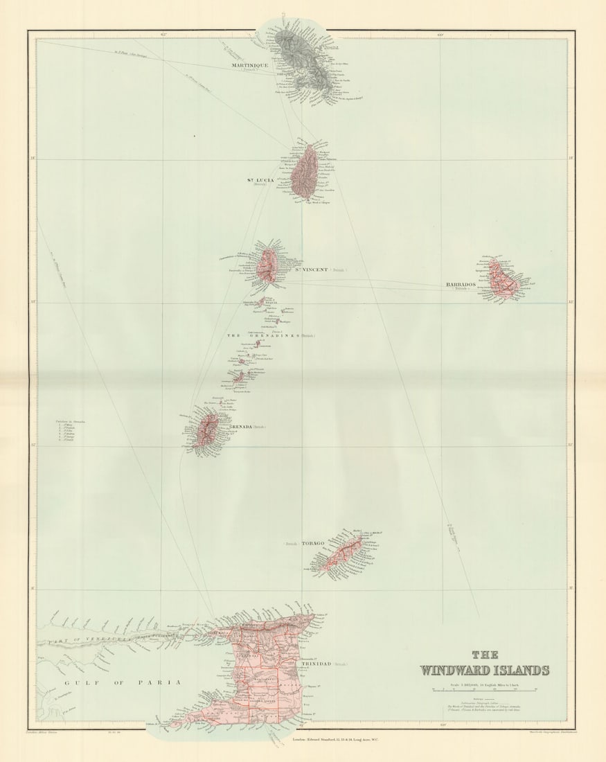 Windward Islands. Trinidad Barbados St. Lucia Grenadines. STANFORD 1904 map: Title: Windward Islands. Trinidad Barbados St. Lucia Grenadines. STANFORD 1904 map Description: The Windward Islands'. Stanford's Geographical Establishment. Published 1904. Large (folio) antique atla