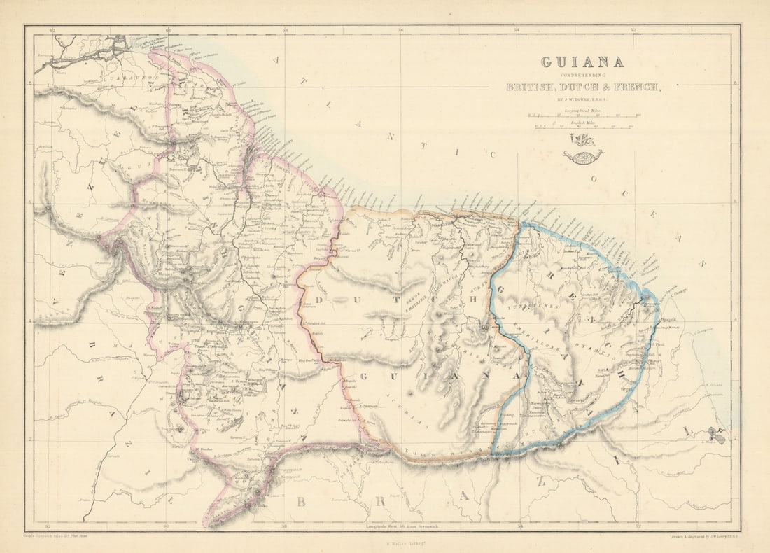 Guiana Comprehending British, Dutch & French' Suriname Guyana. LOWRY 1863 map: Title: Guiana Comprehending British, Dutch & French' Suriname Guyana. LOWRY 1863 map Description: Guiana Comprehending British, Dutch & French'. Engraved by J.W. Lowry. Published 1863. Antique map