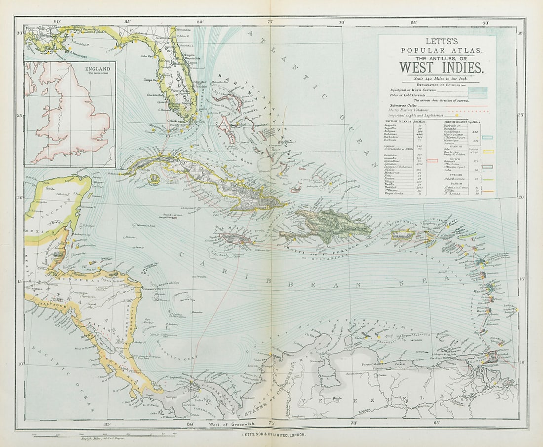 WEST INDIES Dutch French Swedish Danish Spanish British. LETTS 1883 old map: Title: WEST INDIES Dutch French Swedish Danish Spanish British. LETTS 1883 old map Description: The Antilles, or West Indies'. Published by Letts & Co. Most of the plates used for this atlas were orig