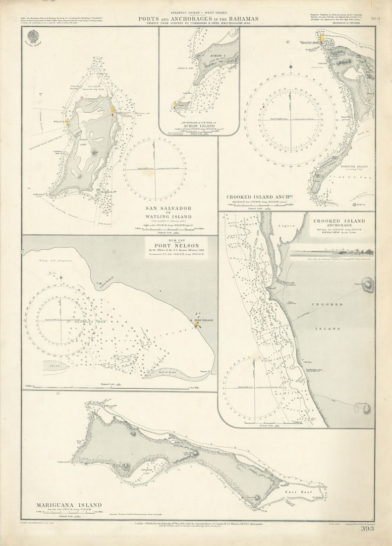 Bahamas. San Salvador Crooked Rum Cay Mariguana ADMIRALTY chart 1892 (1919) map: Title: Bahamas. San Salvador Crooked Rum Cay Mariguana ADMIRALTY chart 1892 (1919) map Description: Atlantic Ocean - West Indies - Ports and Anchorages in the Bahamas // San Salvador or Watling Island