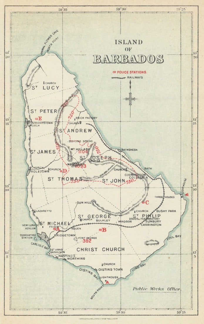 Island of Barbados showing police stations by Waterlow & Sons 1919 old map (1 of 1)