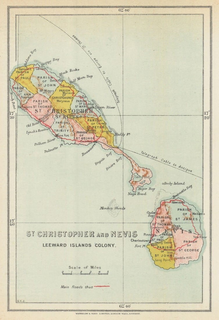 St. Christopher (Kitts) & Nevis, Leeward Islands Colony by Waterlow 1919 map: Title: St. Christopher (Kitts) & Nevis, Leeward Islands Colony by Waterlow 1919 map Description: St. Christopher and Nevis, Leeward Islands Colony'. Waterlow & Sons Ltd., London Wall, London. Publishe