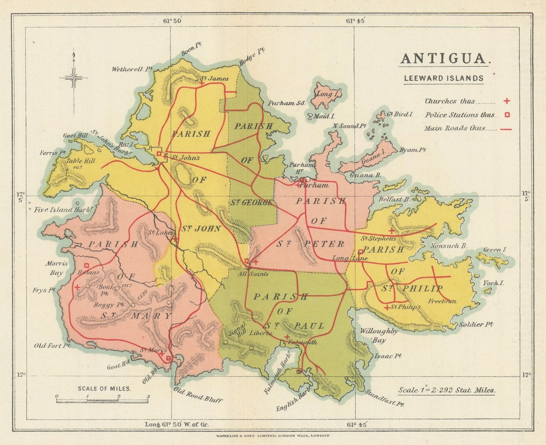 Antigua, Leeward Islands by Waterlow & Sons. Police stations & churches 1919 map (1 of 1)