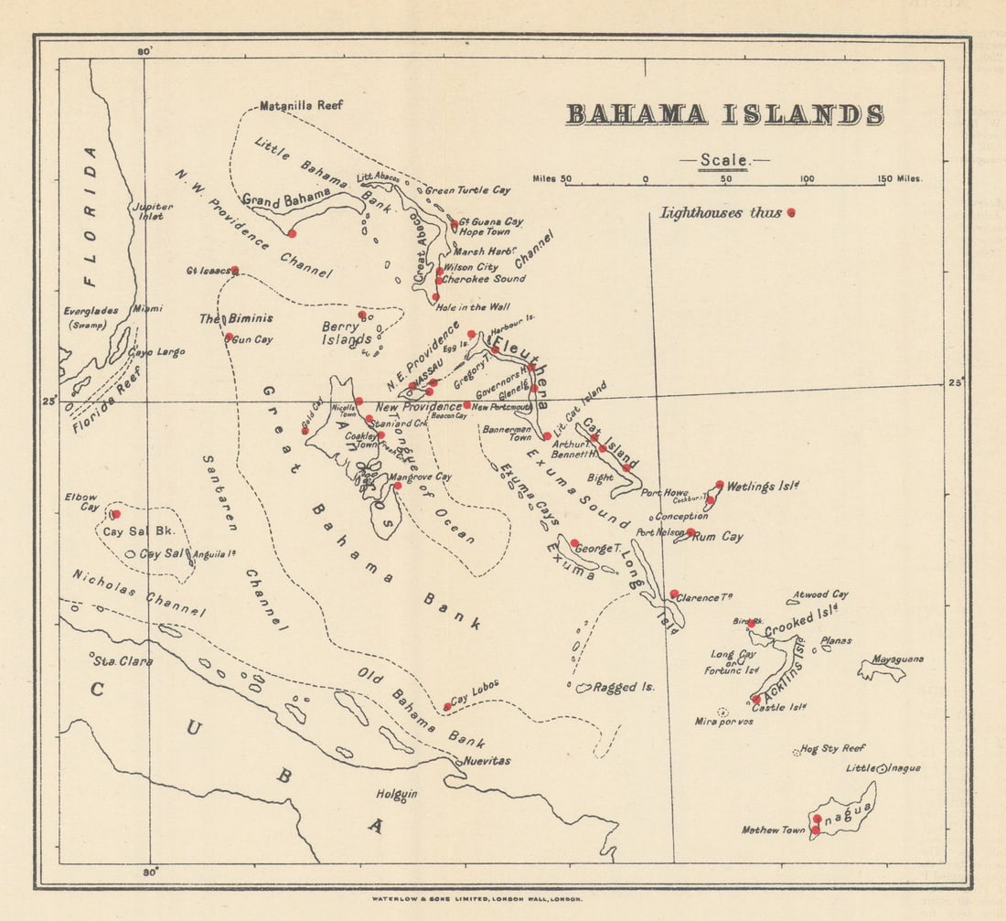 Bahama Islands showing lighthouses by Waterlow & Sons 1919 old antique map (1 of 1)