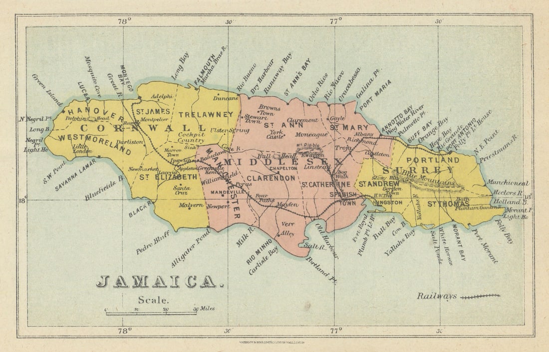 Map of Jamaica showing counties, parishes & railways by Edward Stanford 1919 (1 of 1)