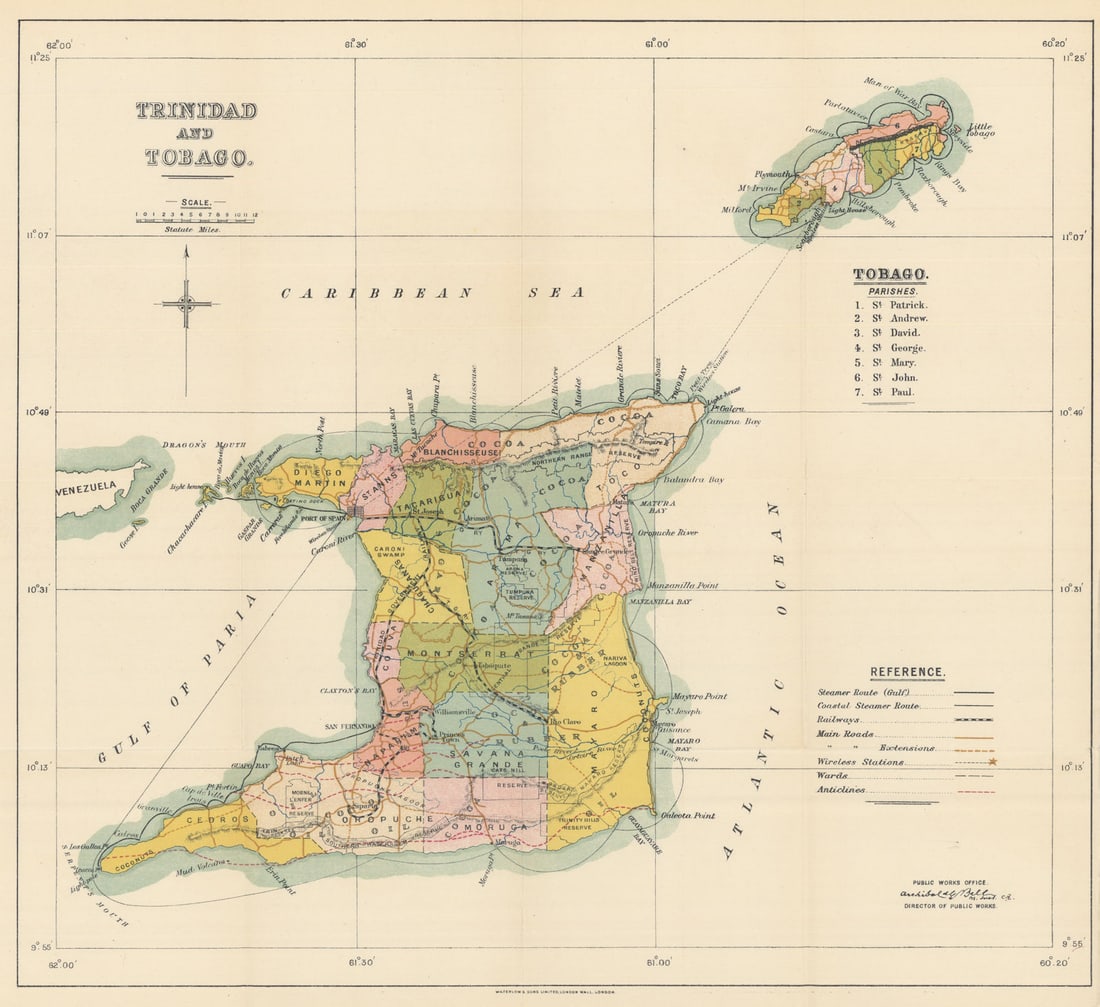 Trinidad & Tobago showing parishes, wards & steamer routes. Waterlow 1919 map: Title: Trinidad & Tobago showing parishes, wards & steamer routes. Waterlow 1919 map Description: Trinidad & Tobago'. Archibald Bell, Director of Public Works, Trinidad & Tobago Public Works Offic