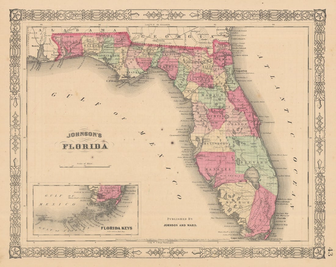 Johnson's Florida. Florida Keys. US state map showing counties 1865 old (1 of 1)