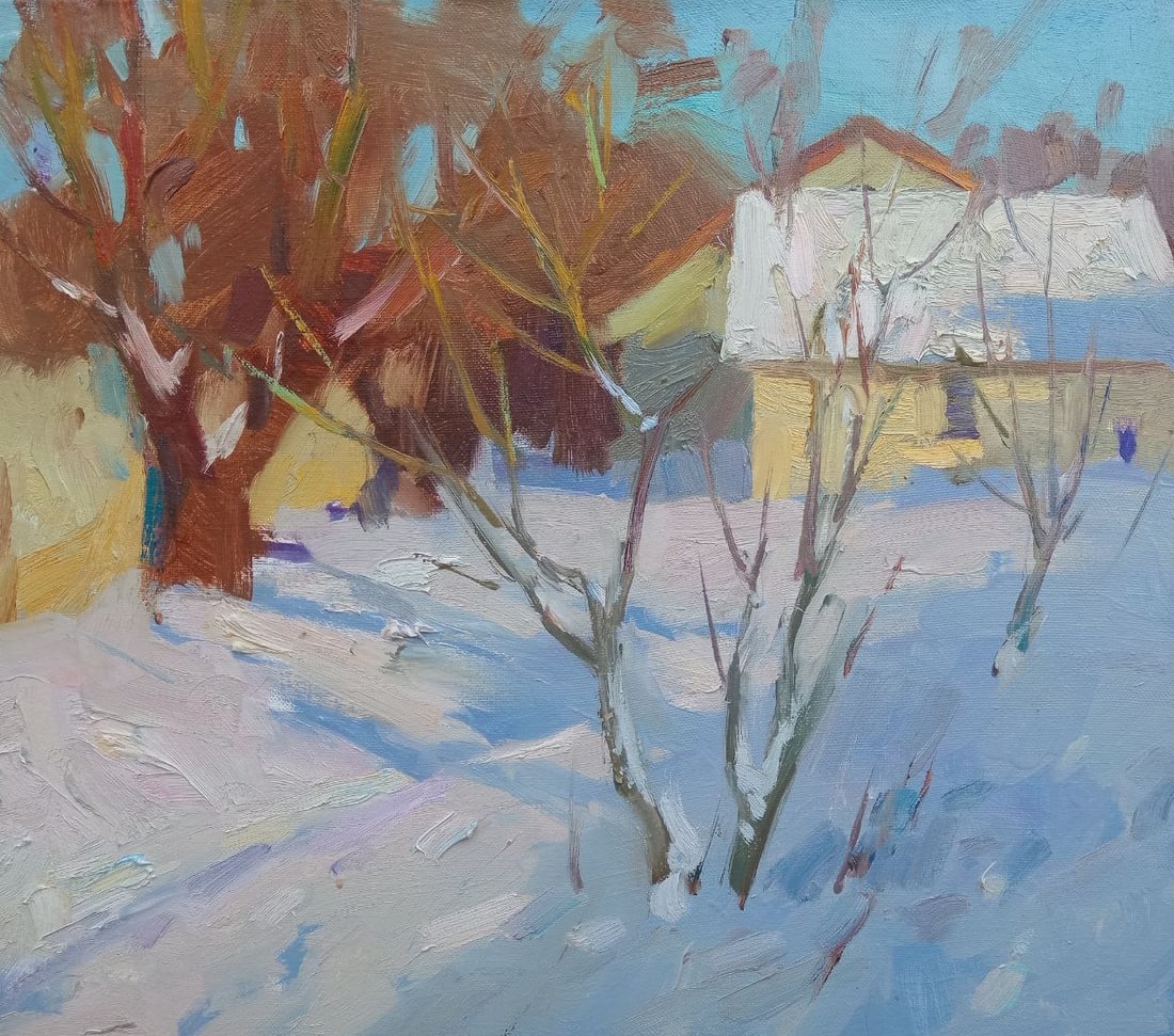 Oil painting Winter village Alex Ditriev: Title: Oil painting Winter village Alex Ditriev Description: 625AD Painter: Alex Ditriev Size: 45x40 cm/ 17.7x15.7 inches Components: oil, canvas Original painting from our collection ERA: 