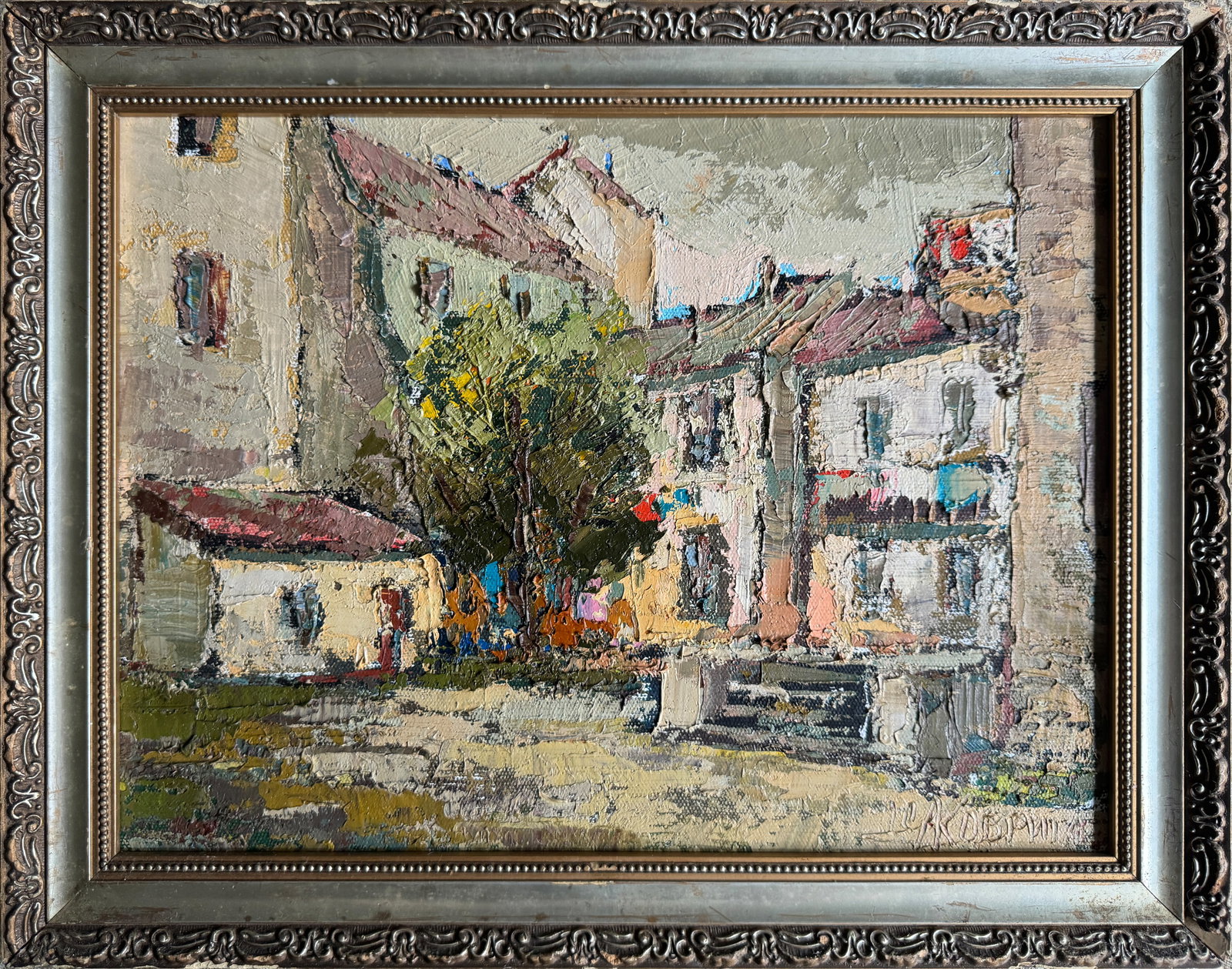 Oil painting with frame yard K. Leonid: Title: Oil painting with frame yard K. Leonid Description: 284KK Painter: K. Leonid Size: 30x40 cm/ 11.81x15.74 inches Components: oil, acrylic, canvas Original painting CONDITION: exellent ERA:2009 A