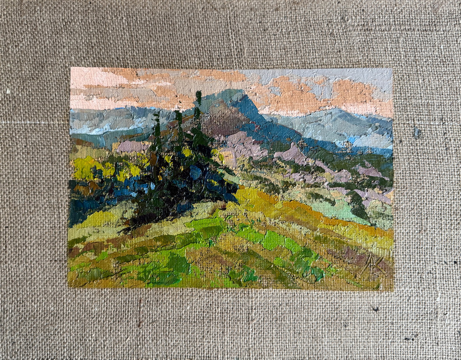 Oil painting Carpathian hills K. Leonid: Title: Oil painting Carpathian hills K. Leonid Description: 297KK Painter: K. Leonid Size: 33x42 cm/ 12.99x16.53 inches Components: oil, canvas, cardboard Original painting CONDITION: exellent