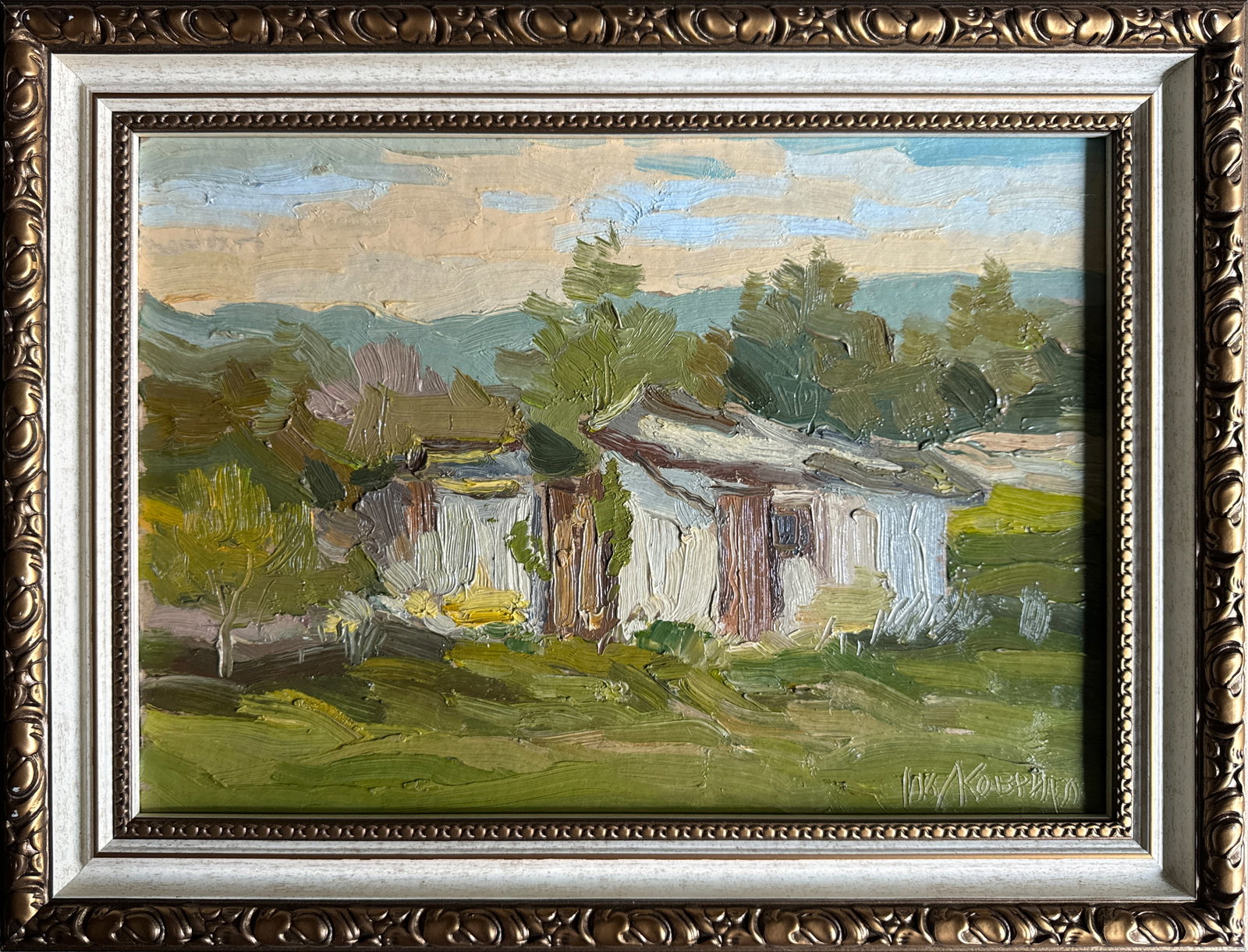 Oil painting with frame Shed K. Leonid: Title: Oil painting with frame Shed K. Leonid Description: 328KK Painter: K. Leonid Size: 29x40 cm/ 11.41x15.74 inches Components: oil, cardboard Original painting CONDITION: exellent ERA:2016 ARTIST: