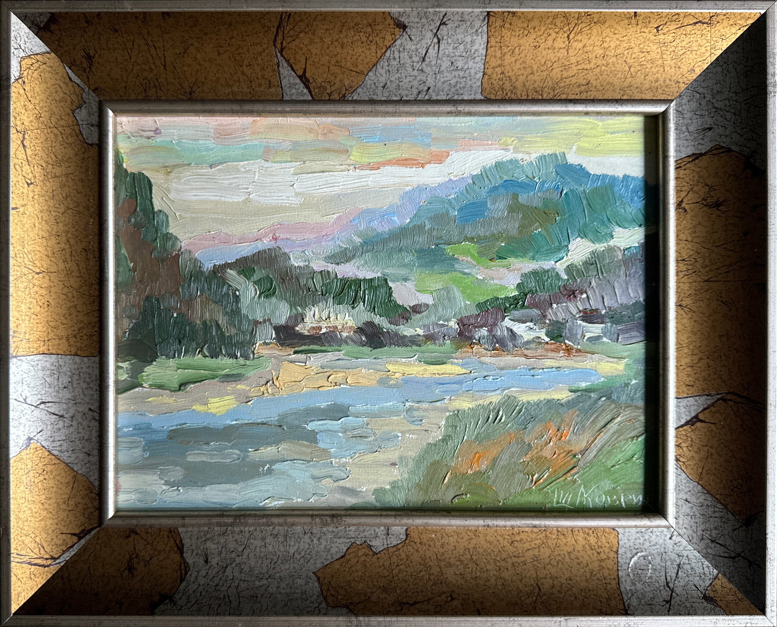Oil painting with frame Carpathian mountain resort K. Leonid: Title: Oil painting with frame Carpathian mountain resort K. Leonid Description: 330KK Painter: K. Leonid Size: 25x35 cm/ 9.84x13.77 inches Components: oil, cardboard Original painting 