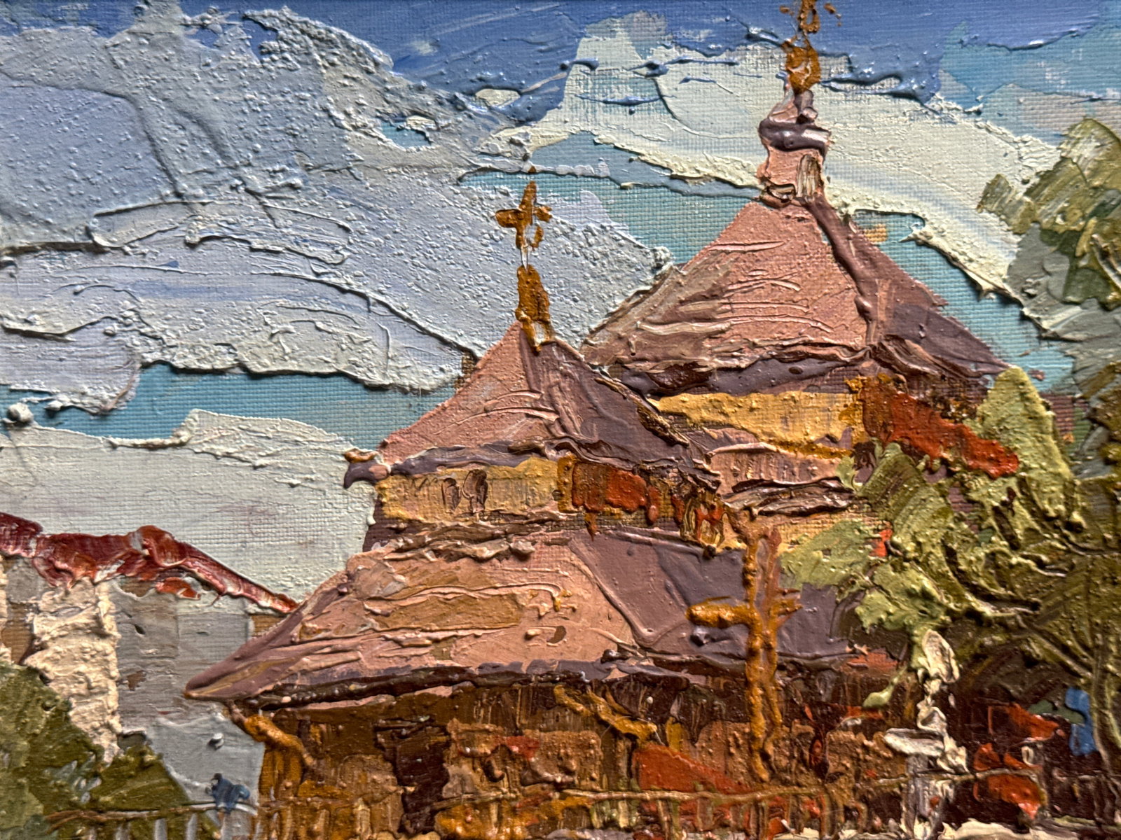 Oil painting with frame a village church in the carpathians K. Leonid - 2
