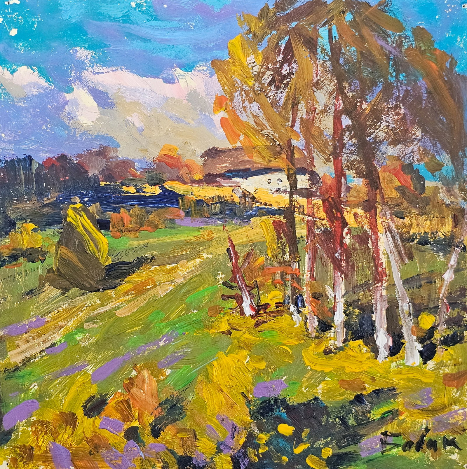 Acrylic painting Autumn day Vyacheslav Petrovich Babac: Title: Acrylic painting Autumn day Vyacheslav Petrovich Babac Description: 382BA Painter: Vyacheslav Petrovick Babac Size: 26x25 cm/ 10.23x9.84 inches Components: Acrylic, cardboard Original painting