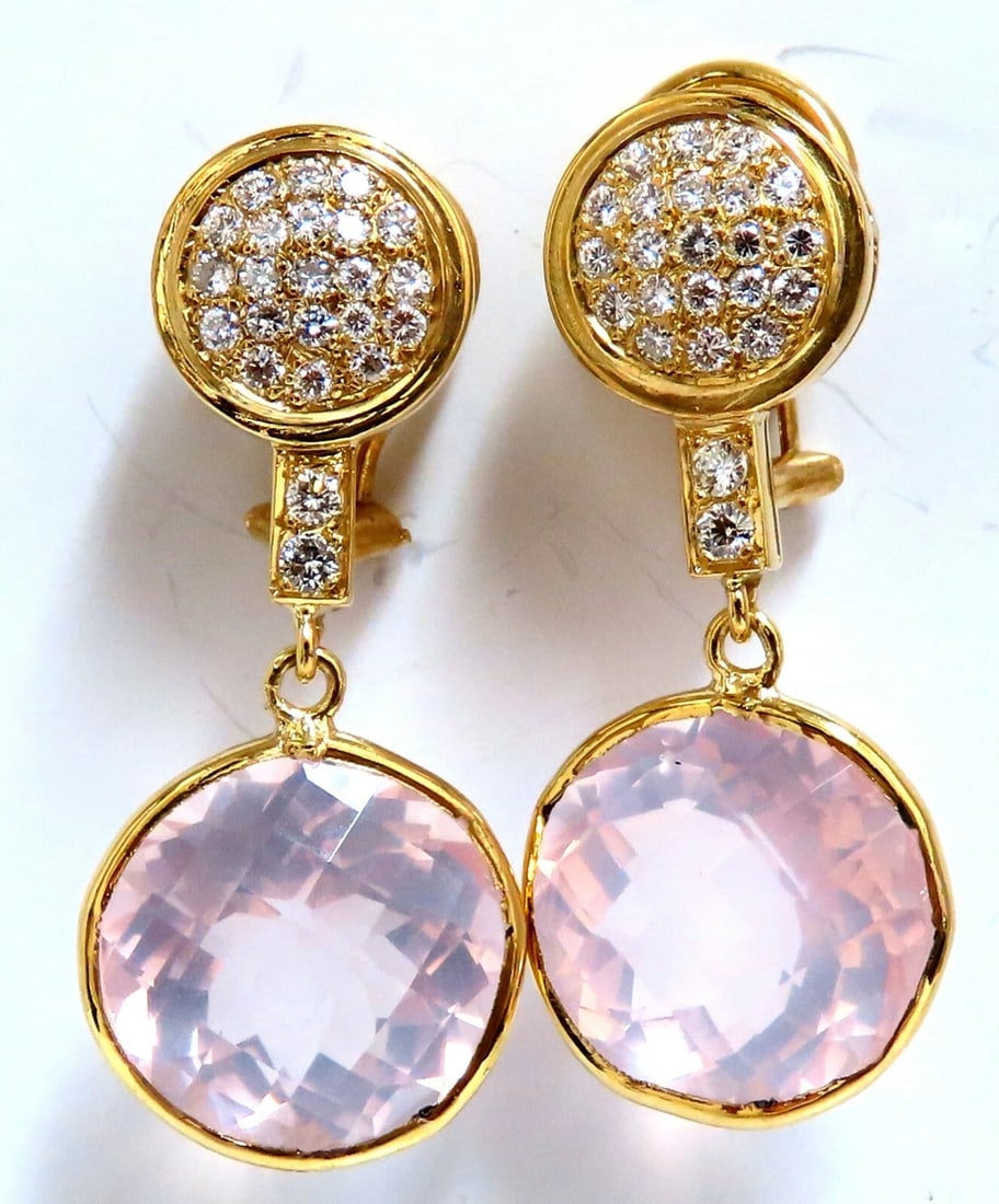 30.33ct Natural Rose Quartz Diamond Dangle Earrings 18 Karat Pink Flash**: Title: 30.33ct Natural Rose Quartz Diamond Dangle Earrings 18 Karat Pink Flash** Description: Natural 30.33ct Rose Quartz Dangle Earrings. 12 & 12.70ct Round Shaped, Checkerboard cut. 15-15.3 x 10.65m