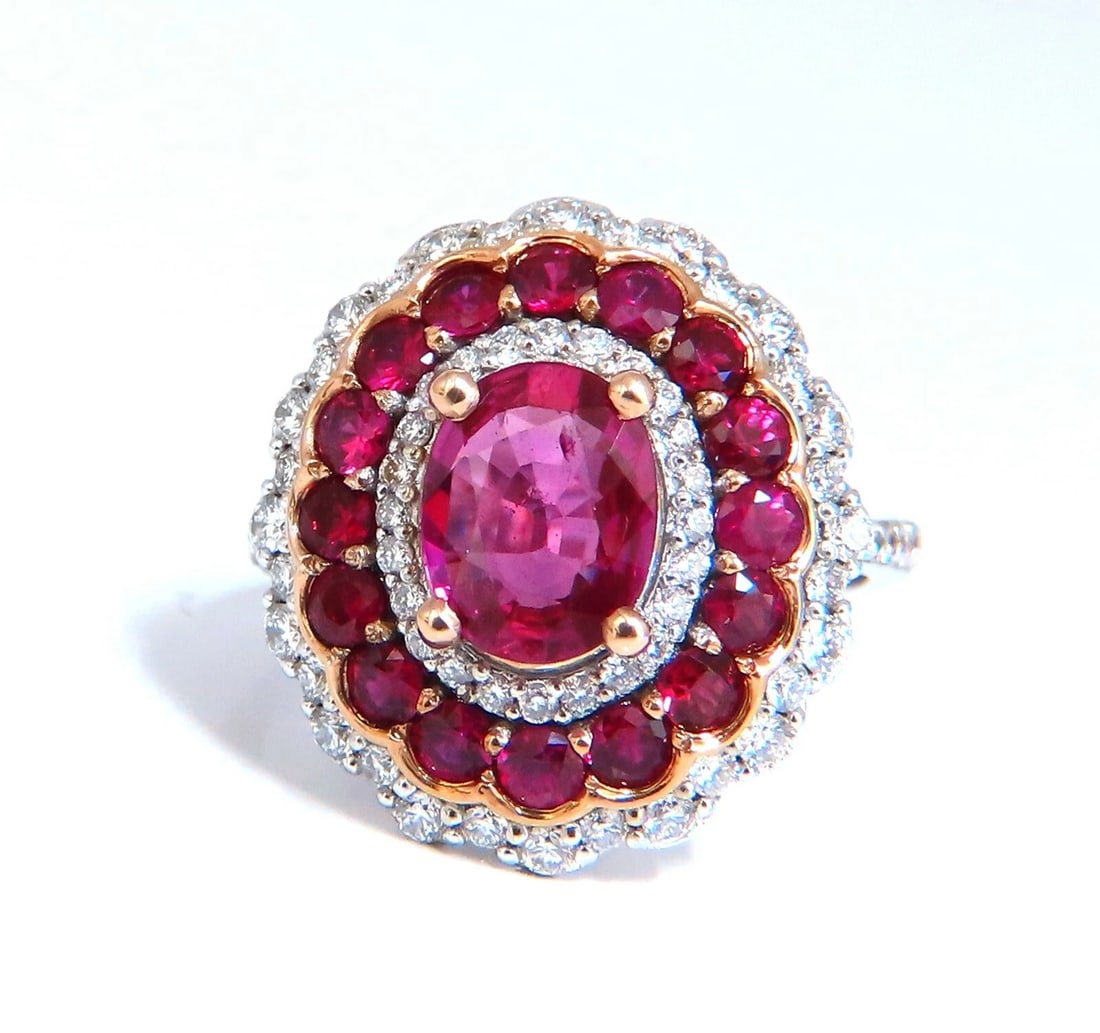 GIA Certified 4.06ct oval cut red No Heat Ruby diamonds Ballerina ring 14kt** - 4