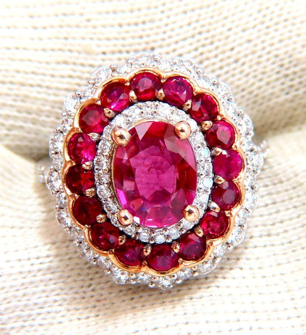 GIA Certified 4.06ct oval cut red No Heat Ruby diamonds Ballerina ring 14kt** - 5