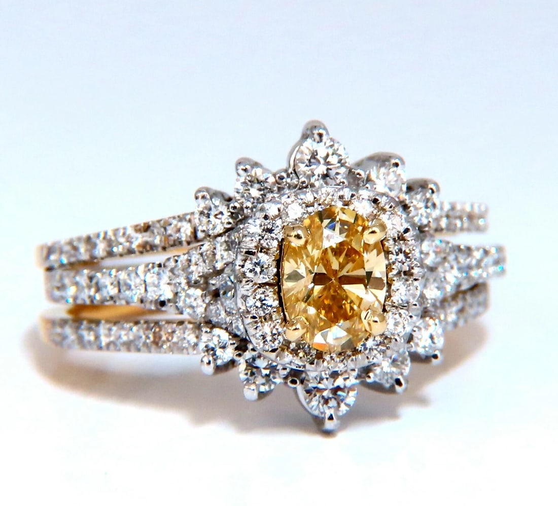 1.81ct Natural Fancy Yellow Diamonds Ring 14kt Insert & Ring**: Title: 1.81ct Natural Fancy Yellow Diamonds Ring 14kt Insert & Ring** Description: Contemporary Modern Fancy Yellow Cluster Ring .51ct. Natural Yellow Diamond Oval Cut Si-1 clarity 6.2 X 4.3mm Side di
