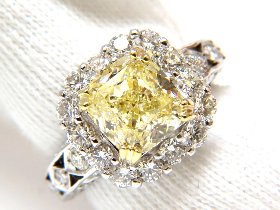 GIA CERTIFIED 5.52CT CUSHION NATURAL FANCY YELLOW DIAMOND CLUSTER RING VVS1** - 10