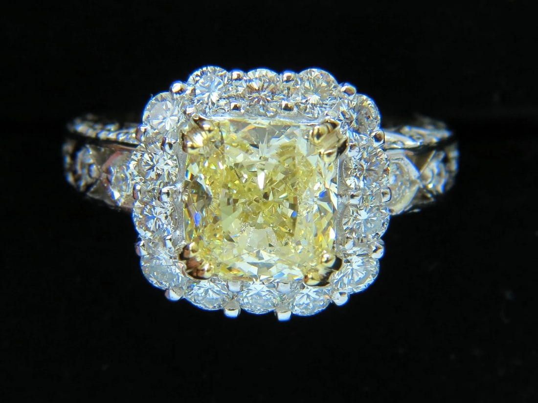 GIA CERTIFIED 5.52CT CUSHION NATURAL FANCY YELLOW DIAMOND CLUSTER RING VVS1** - 11