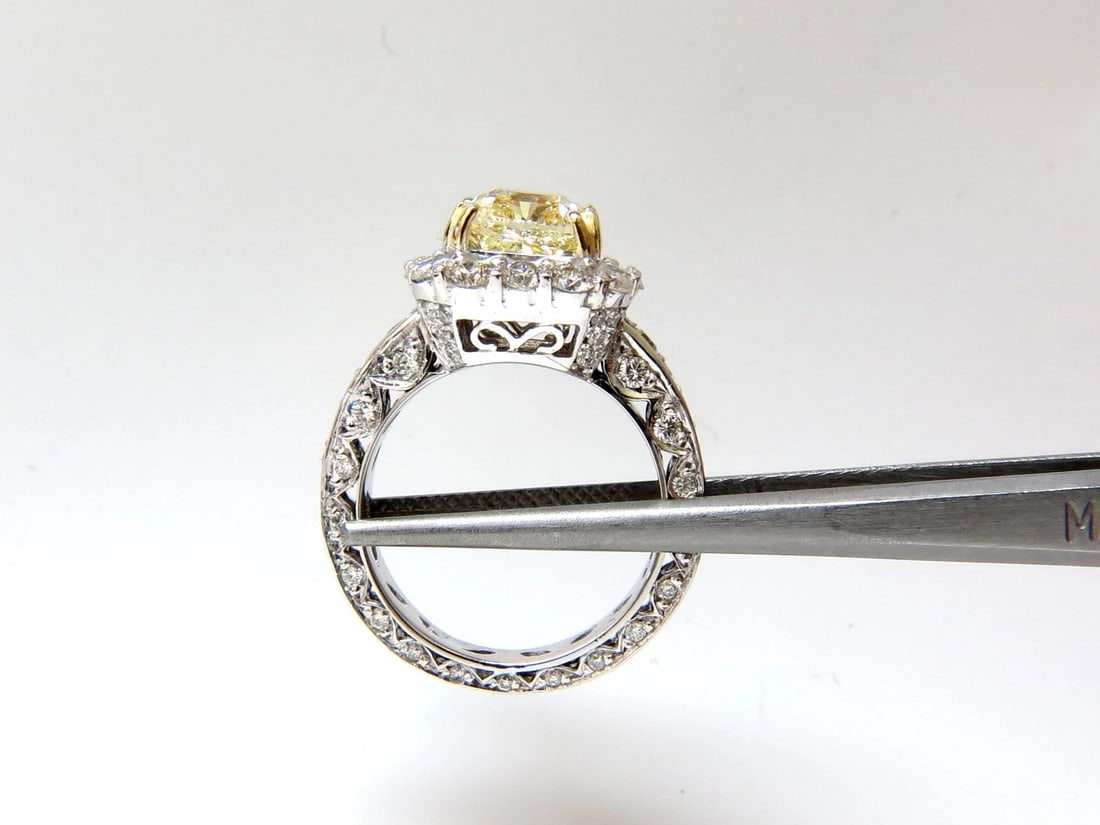 GIA CERTIFIED 5.52CT CUSHION NATURAL FANCY YELLOW DIAMOND CLUSTER RING VVS1** - 4