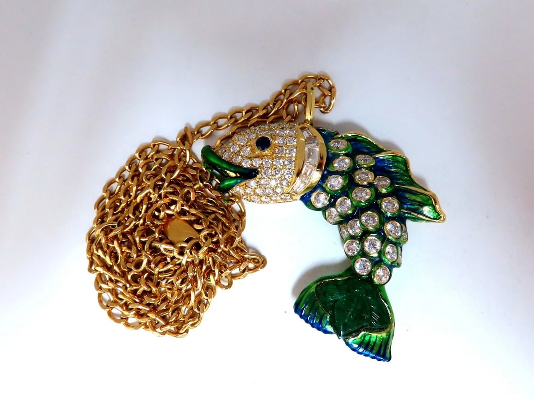 10.12ct Natural Sapphire Emerald & Diamonds Enamel Fish Pendant 18kt **: Title: 10.12ct Natural Sapphire Emerald & Diamonds Enamel Fish Pendant 18kt ** Description: MAGNIFICENT JEWELS Lucky Catch. 5.36ct. Natural Diamonds fish pendant. Custom Handmade made Rounds and