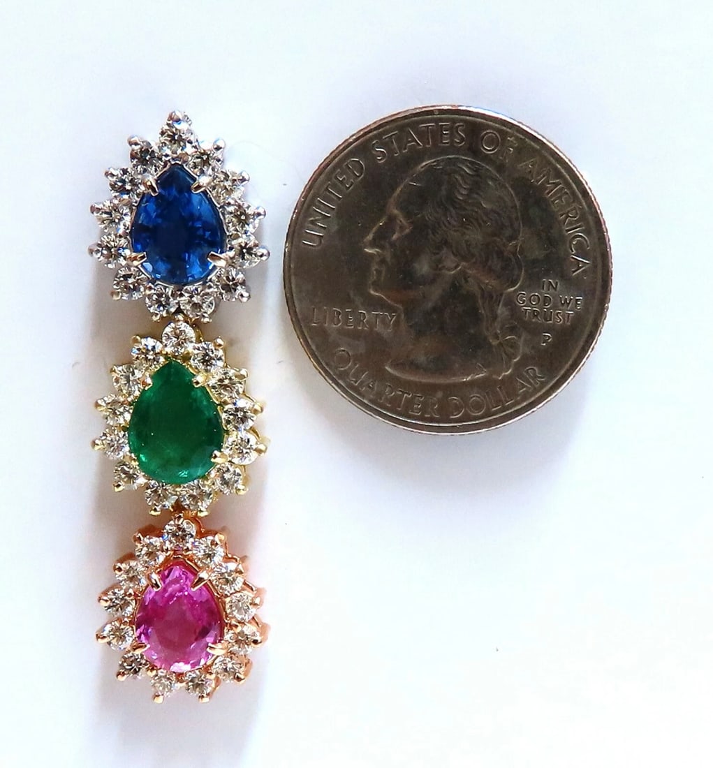 13.24ct Natural Emeralds & Sapphires Three Tier Dangle Earrings 18 Karat Pears** - 2