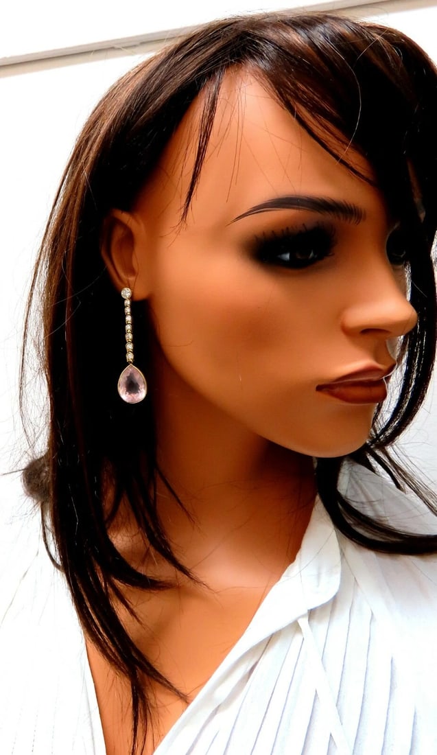 36.34ct Natural Rose Quartz Diamond Dangle Earrings 14 Karat Pink Flash** - 5