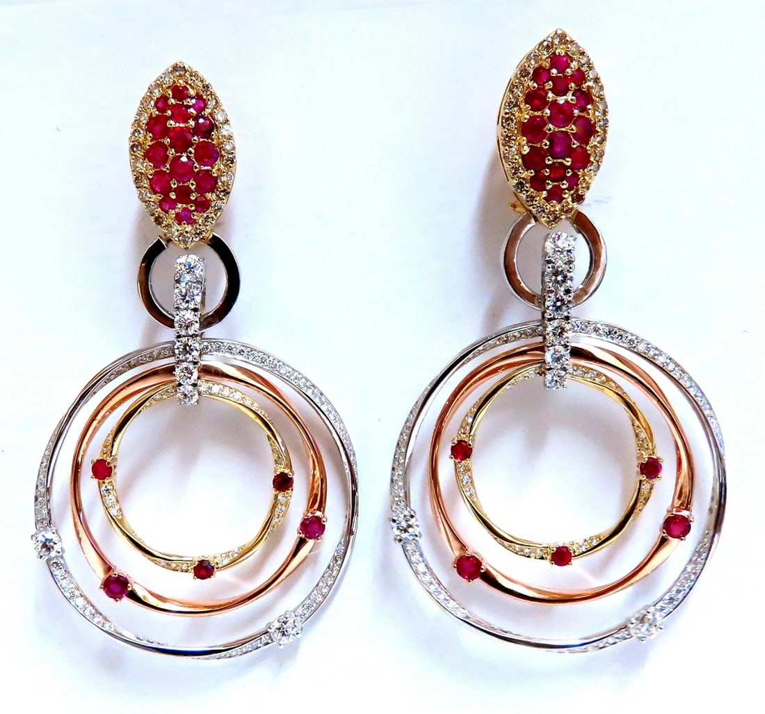 7.38ct Natural Ruby Diamond Dangle Chandelier Earrings 14 Karat Gold Omega** (1 of 8)