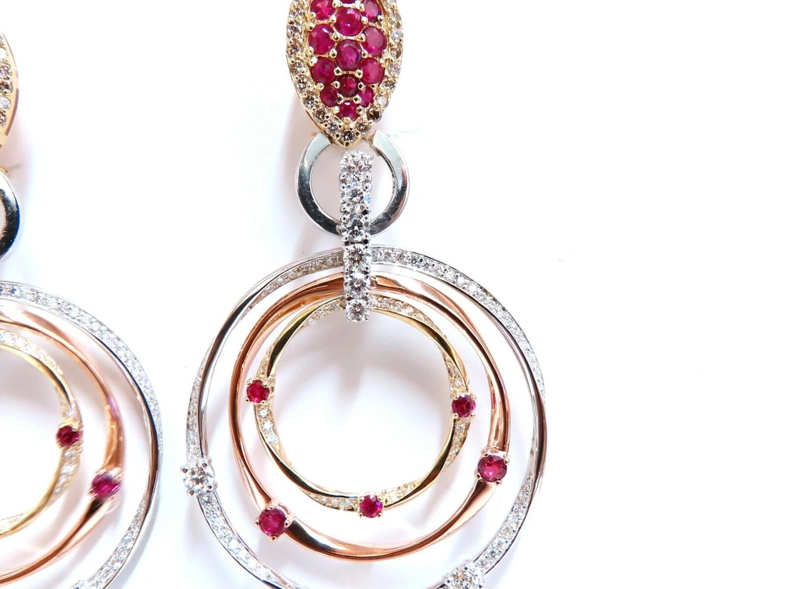 7.38ct Natural Ruby Diamond Dangle Chandelier Earrings 14 Karat Gold Omega** - 3