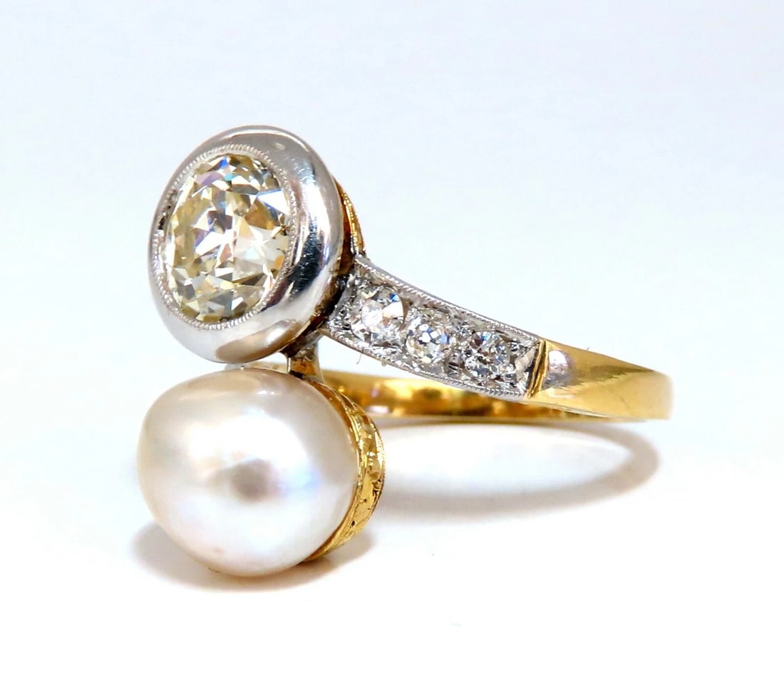 RARE GIA Certified Natural Saltwater Pearl Light Yellow Diamonds Ring 18 Karat** - 2