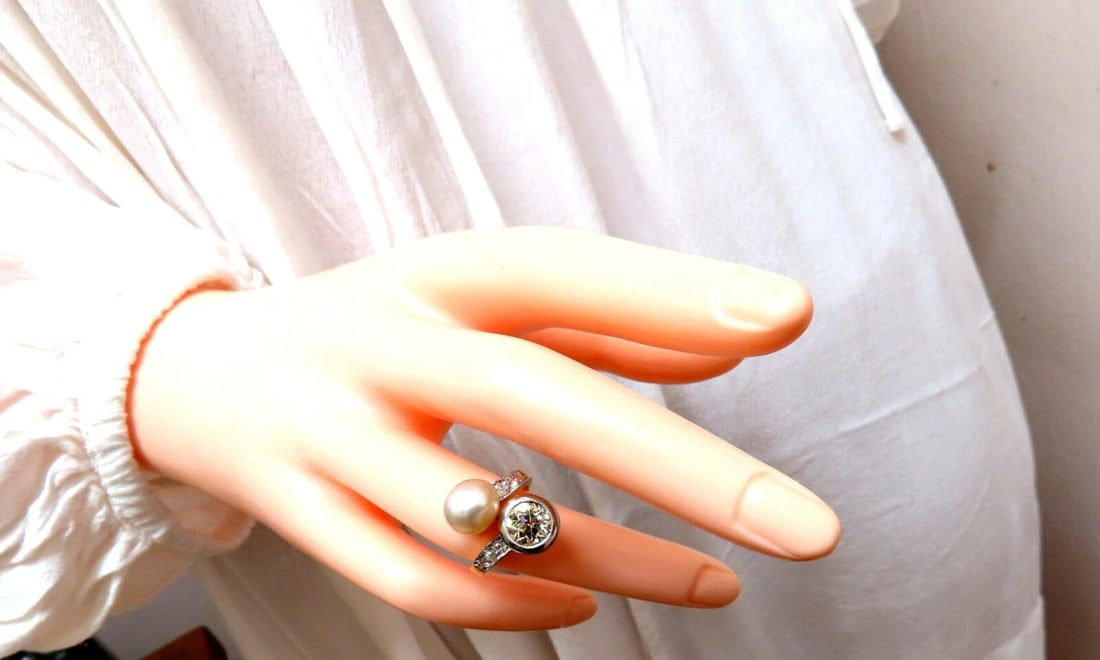 RARE GIA Certified Natural Saltwater Pearl Light Yellow Diamonds Ring 18 Karat** - 8