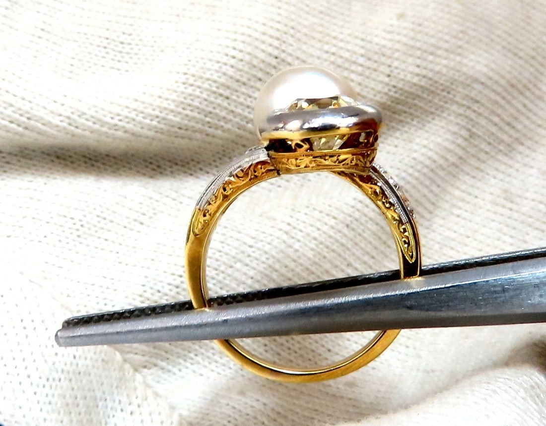 RARE GIA Certified Natural Saltwater Pearl Light Yellow Diamonds Ring 18 Karat** - 9