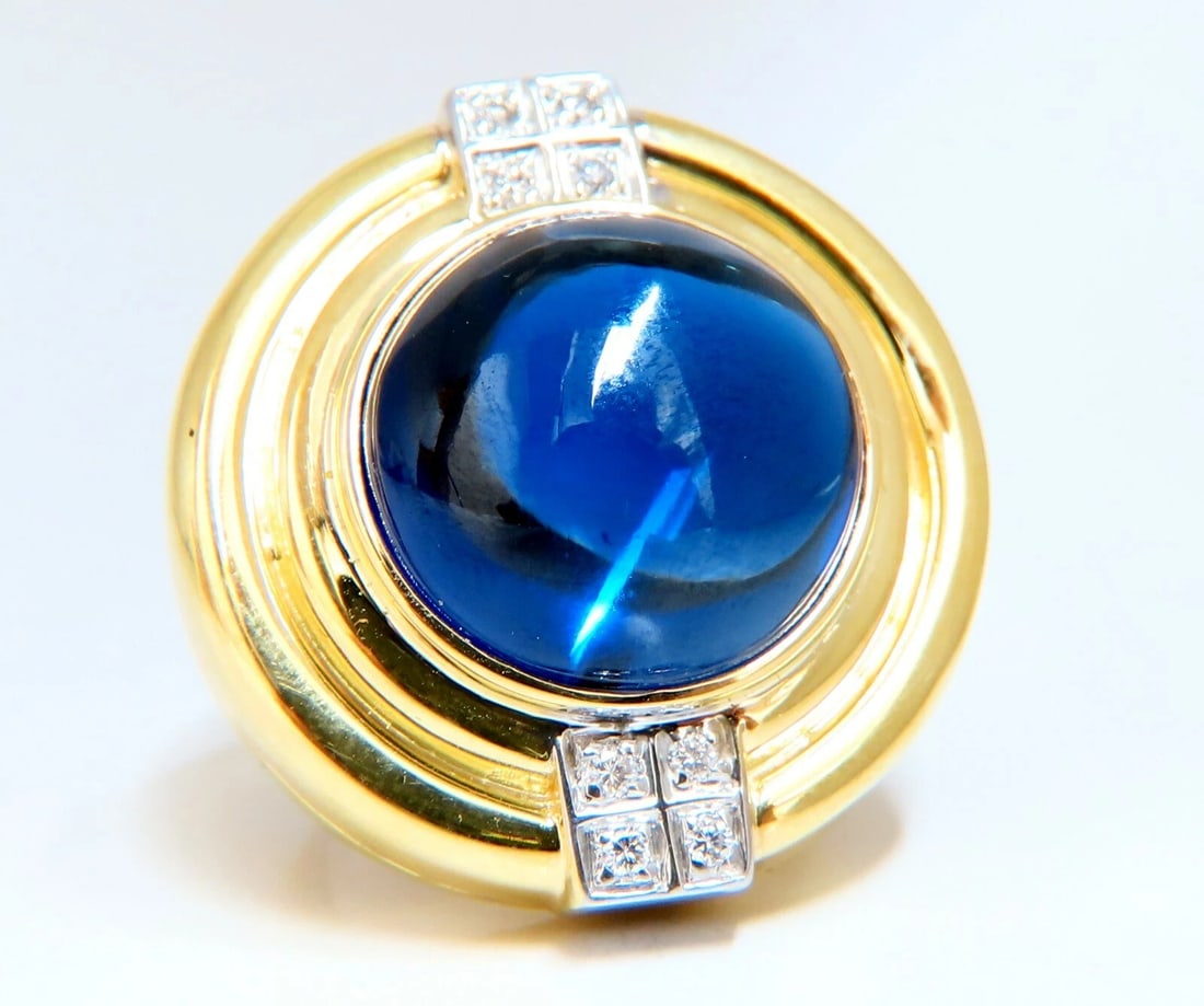 GIA Certified 35ct Synth Sapphire diamonds ring vivid blue 18kt Retro Redux**: Title: GIA Certified 35ct Synth Sapphire diamonds ring vivid blue 18kt Retro Redux** Description: GIA Certified: 35ct. Synthetic Sapphire ring. Full cut brilliant Round Cabochon cut Clean clarity Tran