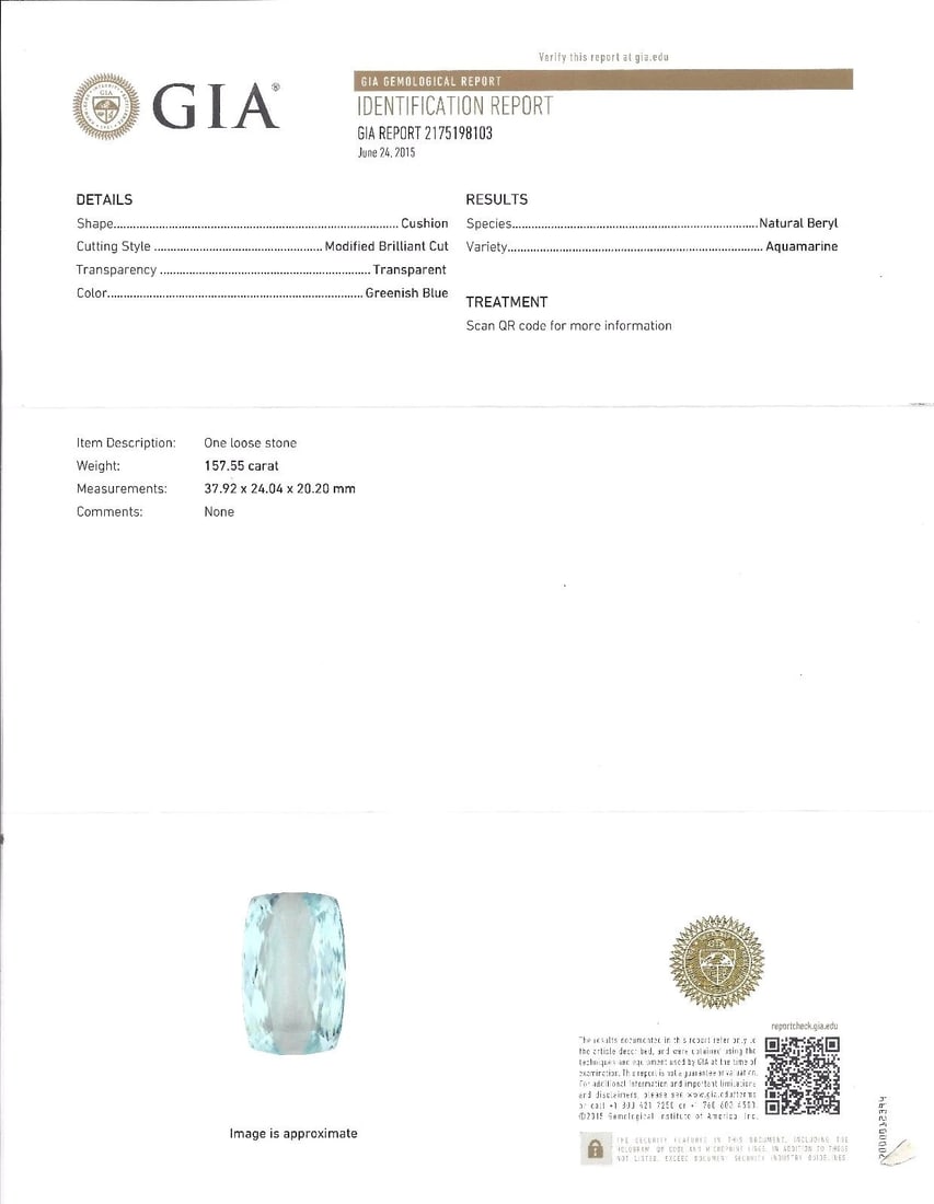 GIA Certified 157.55ct Natural Aqua Blue Cushion Cut Aquamarine Magnificent+ - 8