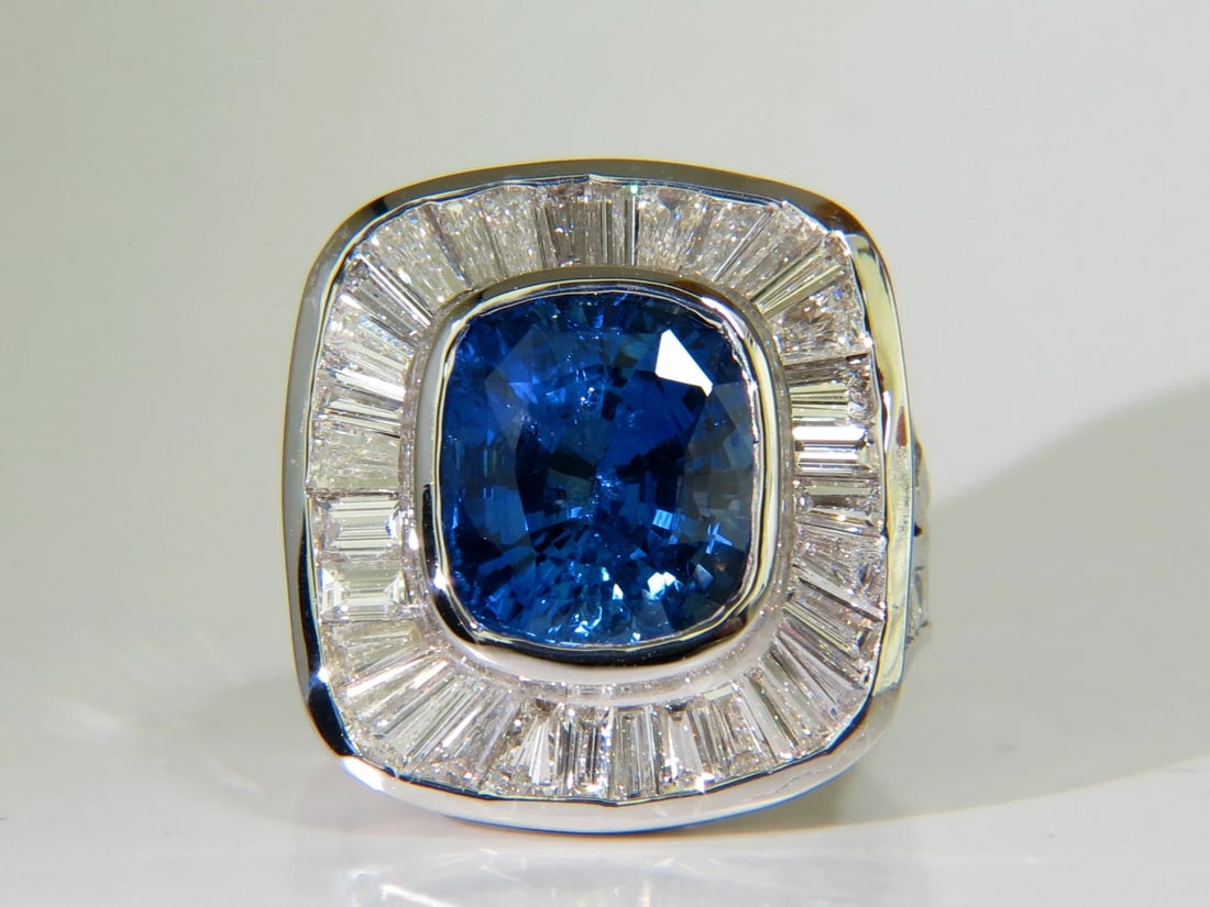 GIA 12.52CT 18KT NATURAL NATURAL SAPPHIRE DIAMOND BAGUETTE DECO CLUSTER RING** - 7