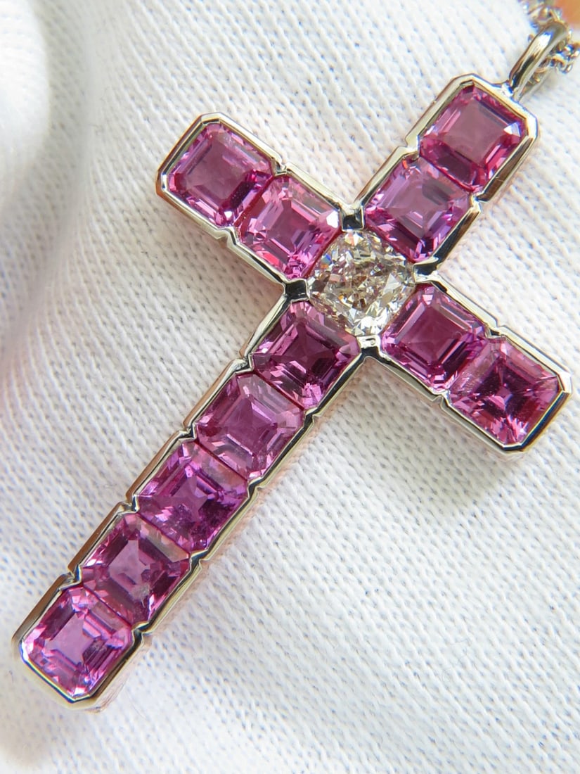 18KT GIA 10.41CT NATURAL PINK SAPPHIRE DIAMOND CROSS PENDANT NECKLACE ** - 8