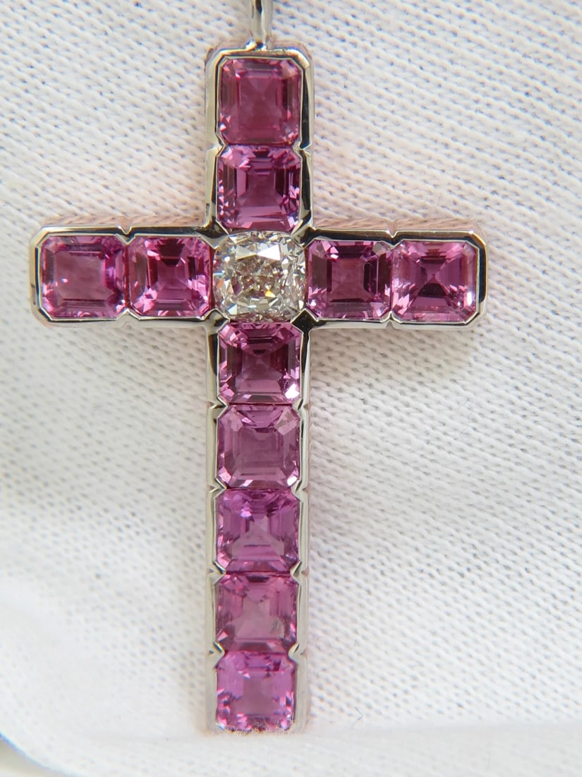 18KT GIA 10.41CT NATURAL PINK SAPPHIRE DIAMOND CROSS PENDANT NECKLACE ** - 9