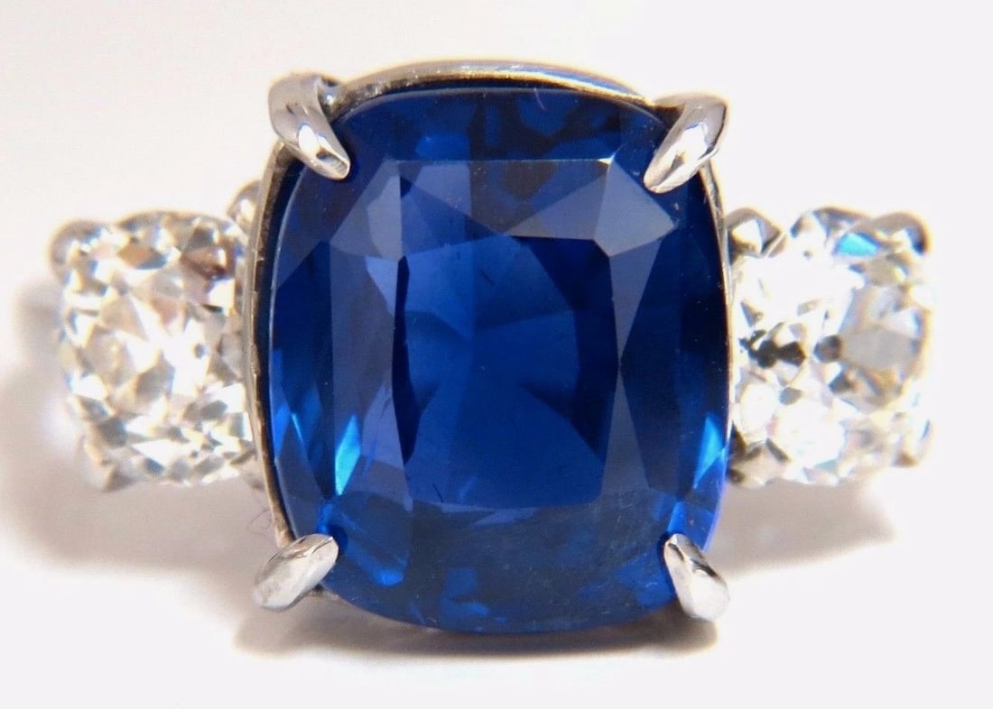 AGL Certified 7.63ct Natural No Heat Royal Blue Sapphire Diamond Ring Platinum**: Title: AGL Certified 7.63ct Natural No Heat Royal Blue Sapphire Diamond Ring Platinum** Description: No heat / Classic Three AGL Certified 7.63ct. Natural Blue No heat Sapphire ring. Report #: