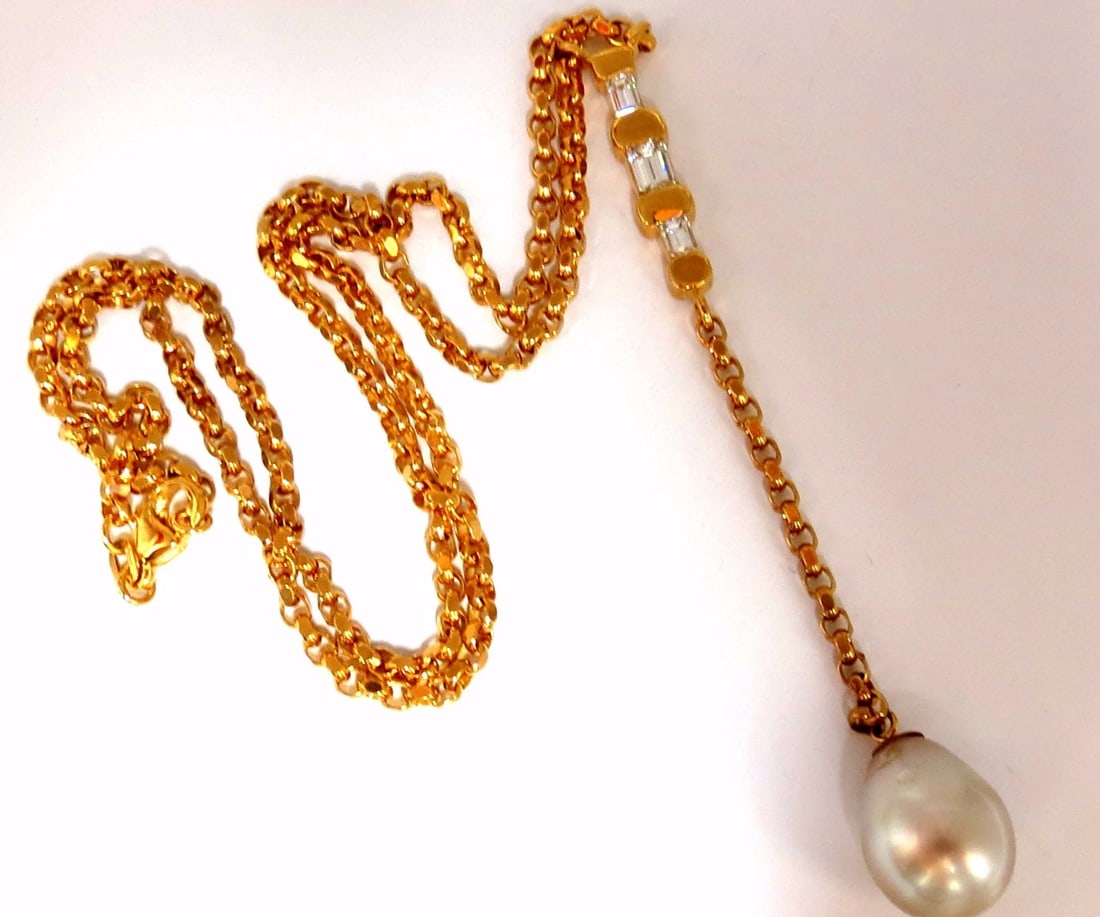 15.5mm natural south sea pearl 1.01ct emerald cut diamonds necklace drop bolo** - 2