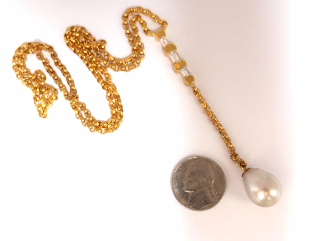 15.5mm natural south sea pearl 1.01ct emerald cut diamonds necklace drop bolo** - 4