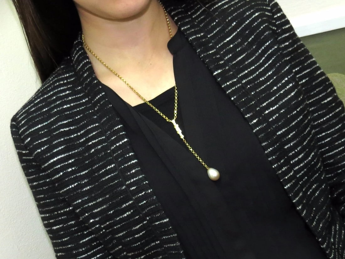 15.5mm natural south sea pearl 1.01ct emerald cut diamonds necklace drop bolo** - 9