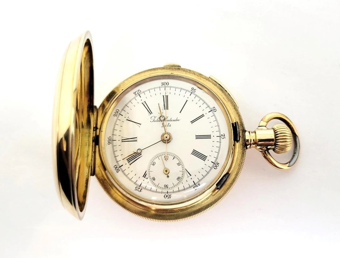 Antique 14k JULES MONTANDON Quater REPEATER Chronograph Hunter Case Pocket Watch (1 of 15)