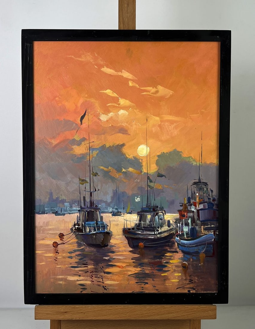 Oil painting Orange Sunset over the boat port Yuriy Suprunchuk (1 of 11)