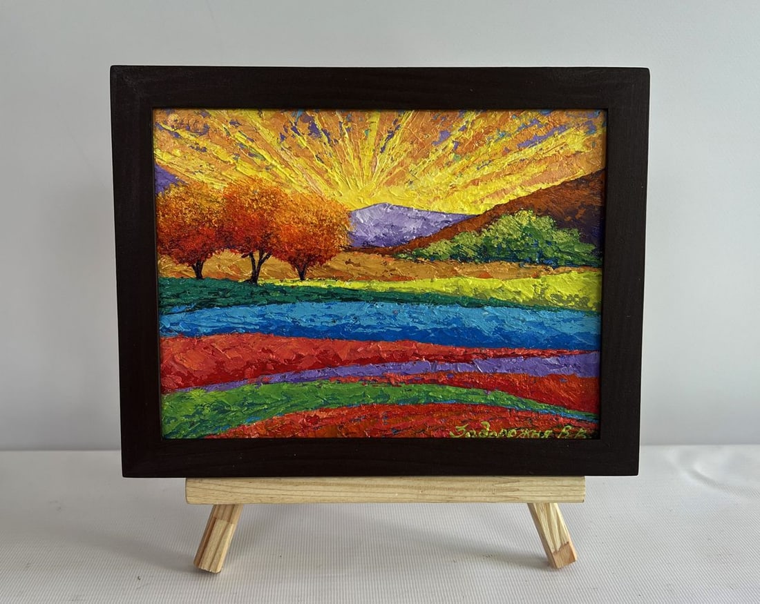 Oil painting Yellow rays of the sun V. Zadorozhnya: Title: Oil painting Yellow rays of the sun V. Zadorozhnya Description: NoAAA4544The painting "Yellow Rays of the Sun" is a stunning oil composition on cardboard, capturing the majestic energy of a rad