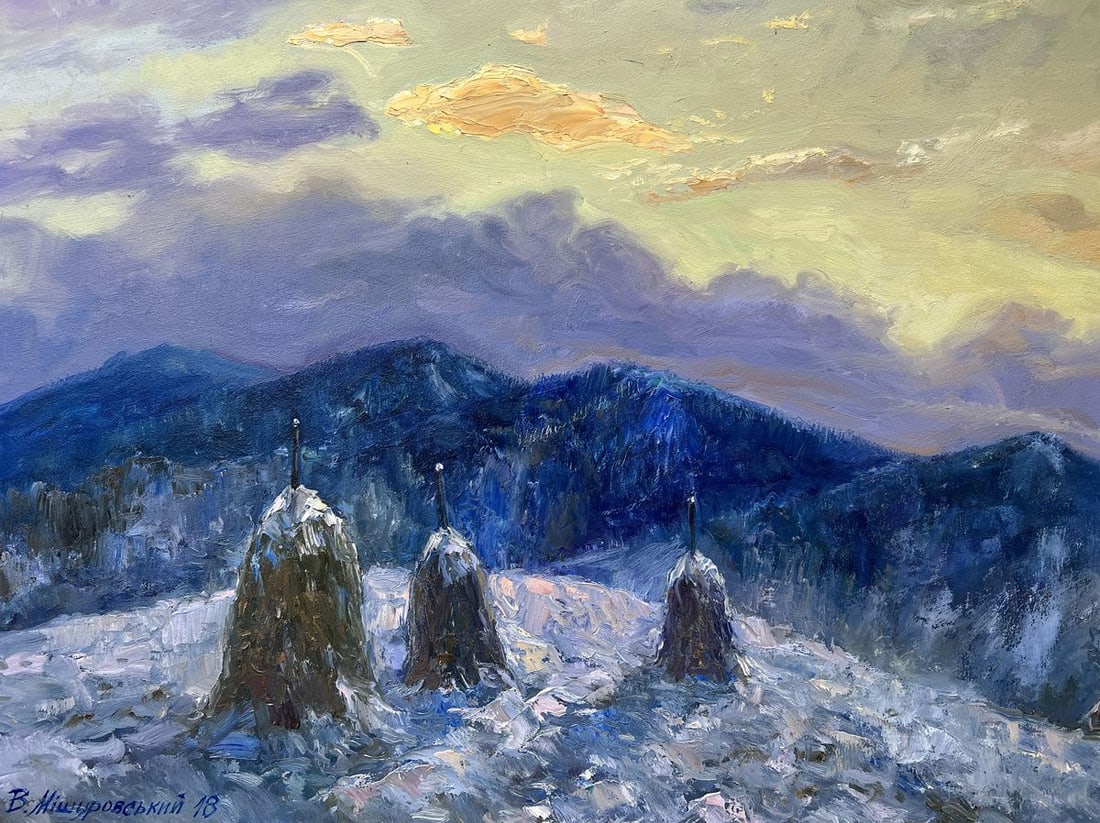 Oil painting A golden cloud V. Mishurovsky: Title: Oil painting A golden cloud V. Mishurovsky Description: No256In the painting "A Golden Cloud," Viktor Myshurovsky captures the serene beauty of a winter landscape, where the cool tones of the