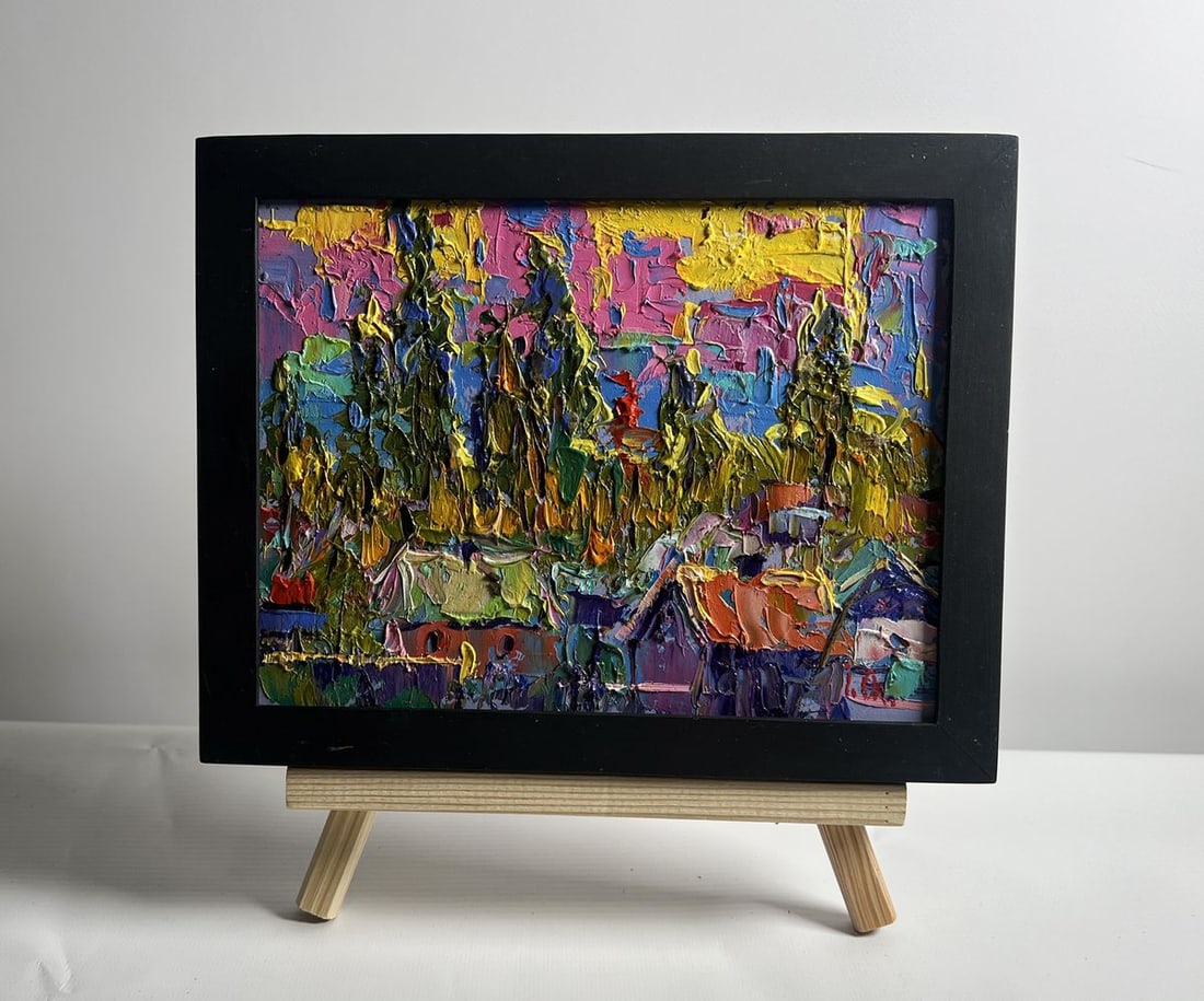 Oil painting Yellow rays of sunset Alex Kalenyuk: Title: Oil painting Yellow rays of sunset Alex Kalenyuk Description: NoAAA4099This oil painting cardboard, titled "Yellow rays of sunset", the sky is ablaze with warm yellows, deep pinks, and soft pur